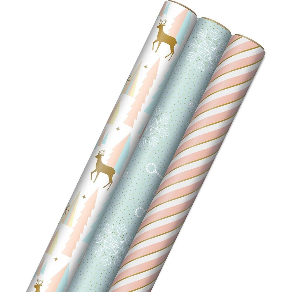 Pink Christmas Wrapping Paper with Cut Lines on Reverse 3 Rolls: 120 sq. ft. ttl